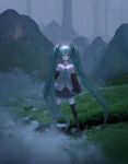  1girl aqua_eyes aqua_hair aqua_neckwear bangs black_legwear black_skirt closed_mouth detached_sleeves es-ther fog grass grey_shirt hair_between_eyes hair_ornament hatsune_miku long_hair mountain necktie outdoors pleated_skirt rain scenery shirt sidelocks skirt sleeveless sleeveless_shirt solo standing thigh-highs twintails very_long_hair vocaloid 