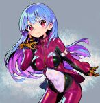  1girl blue_hair bodysuit breasts closed_mouth covered_navel grey_background kula_diamond long_hair looking_at_viewer medium_breasts multicolored multicolored_bodysuit multicolored_clothes red_eyes reward_available shunin smile solo the_king_of_fighters zipper 