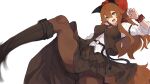  1girl boots brown_eyes brown_hair brown_skirt character_request copyright_request hair_between_eyes kicking knee_boots lansane long_hair pantyhose red_ribbon ribbon skirt solo tail thighs white_background 
