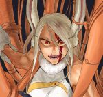  1girl 4o080_yotabnc animal_ears bangs black_background blood blood_on_face boku_no_hero_academia cable commentary_request dark_skin dark-skinned_female gloves hair_between_eyes highres injury licking_lips long_hair looking_at_viewer mirko muscular muscular_female rabbit_ears rabbit_girl red_eyes solo tongue tongue_out white_gloves white_hair 