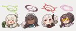  4girls :&lt; :p amonitto bangs black_hair blue_archive blue_neckwear blush brown_eyes brown_hair closed_eyes closed_mouth cropped_torso dark_skin dark-skinned_female earphones eyebrows_visible_through_hair grey_background grey_hair hair_ornament hair_scrunchie halo highres id_card karin_(blue_archive) lanyard long_hair maid maid_headdress multiple_girls mutsuki_(blue_archive) nonomi_(blue_archive) open_mouth paper pony red_eyes scrunchie shirt side_ponytail sidelocks simple_background sports_bra sumire_(blue_archive) sunglasses sweat tongue tongue_out white_shirt 