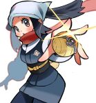  1girl black_hair blush commentary_request eyelashes female_protagonist_(pokemon_legends:_arceus) floating_hair floating_scarf grey_eyes head_scarf holding holding_poke_ball hyou_(hyouga617) long_hair looking_at_viewer open_mouth poke_ball poke_ball_(legends) pokemon pokemon_(game) pokemon_legends:_arceus ponytail red_scarf sash scarf sidelocks solo white_headwear 