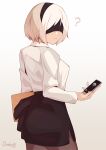  1girl ? black_blindfold blindfold breasts brown_legwear cellphone covered_eyes darahan english_commentary envelope fingernails from_behind holding holding_phone manila_envelope medium_breasts nail_polish nier_(series) nier_automata office_lady pantyhose pencil_skirt phone pink_nails shirt short_hair silver_hair skirt smartphone solo turning_head white_shirt yorha_no._2_type_b yorha_no._9_type_s 