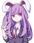  1girl absurdres animal_ears bangs black_vest blazer buttons closed_mouth collared_shirt eyebrows_behind_hair highres index_finger_raised jacket kame_(kamepan44231) long_hair long_sleeves looking_at_viewer looking_to_the_side necktie one-hour_drawing_challenge purple_hair rabbit_ears red_eyes red_neckwear reisen_udongein_inaba shirt simple_background solo touhou upper_body vest white_background white_shirt 