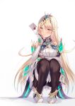  1girl bangs bare_legs bare_shoulders black_legwear blonde_hair blush breasts chest_jewel clothing_cutout dress earrings elbow_gloves envelope gloves hinot jewelry large_breasts long_hair looking_at_viewer mythra_(massive_melee)_(xenoblade) mythra_(xenoblade) pantyhose short_dress smash_invitation smile squatting super_smash_bros. swept_bangs thigh_strap tiara very_long_hair wax_seal white_dress white_footwear white_gloves xenoblade_chronicles_(series) xenoblade_chronicles_2 yellow_eyes 