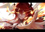  1girl arknights bangs bare_shoulders chinese_commentary commentary_request hair_between_eyes highres horns letterboxed long_hair looking_at_viewer niarwol parted_lips redhead solo surtr_(arknights) upper_body yellow_eyes 