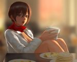  1girl blurry breasts brown_eyes brown_hair bug commentary depth_of_field egg english_commentary food hair_between_eyes infi lips medium_breasts mikasa_ackerman open_clothes open_mouth open_shirt pancake plate red_scarf scarf shingeki_no_kyojin short_hair solo steam table 