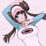  1girl absurdres arm_up bangs blue_eyes blush bow breasts brown_hair clenched_hands commentary_request double_bun hair_tie highres long_hair looking_at_viewer nishikino_kee parted_lips pink_bow pokemon pokemon_(game) pokemon_bw2 pose raglan_sleeves rosa_(pokemon) shirt sidelocks solo tied_hair translation_request twintails upper_body visor_cap 