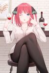  1girl ;3 ;p absurdres alcohol aqua_eyes aqua_nails aqua_pupils bangs black_legwear blue_eyes blunt_bangs blurry bottle brick_wall collarbone collared_shirt commentary crossed_legs cup drink drinking_glass eyebrows_visible_through_hair feet_out_of_frame finger_to_eye fingernails go-toubun_no_hanayome gradient_nails hair_ribbon hands_up highres holding holding_cup holding_drink huge_filesize infinity_(kkx132) legs long_sleeves medium_hair nail_polish nakano_nino no_pants on_stool one_eye_closed pantyhose picture_frame pink_hair purple_nails ribbon shirt sitting solo stool tongue tongue_out two_side_up white_shirt wine wine_bottle wine_glass wing_collar 