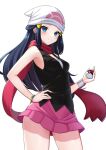  1girl bangs bare_shoulders beanie black_shirt blue_eyes blue_hair bracelet breasts commentary_request contrapposto cowboy_shot hikari_(pokemon) hair_ornament hand_on_hip hat holding holding_poke_ball jewelry long_hair looking_at_viewer medium_breasts pink_skirt poke_ball poke_ball_(basic) pokemon pokemon_(game) pokemon_dppt red_scarf scarf shirt skirt sleeveless sleeveless_shirt smile solo tasuku_(user_fkzv3343) white_background 