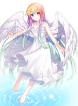  1girl bangs bare_arms bare_shoulders barefoot blue_eyes blush brown_hair closed_mouth collarbone copyright_request dress eyebrows_visible_through_hair feathered_wings full_body gradient_hair green_hair hair_between_eyes heterochromia hijiri_(resetter) multicolored_hair purple_hair red_eyes ripples sleeveless sleeveless_dress smile solo standing standing_on_one_leg water white_background white_dress white_wings wings 