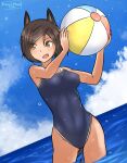  1girl 2020 animal_ears artist_name ball beachball blue_sky bookmarkahead breasts brown_hair clouds covered_nipples dated dog_ears dog_tail dutch_angle hair_over_one_eye highres horizon kuroda_kunika medium_breasts noble_witches ocean open_mouth short_hair sky solo swimsuit tail wading water_drop world_witches_series 