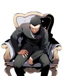  1boy black_hair black_jacket black_pants chair closed_mouth giovanni_(pokemon) hand_on_lap jacket leaning_forward long_sleeves looking_at_viewer male_focus pants pokemon pokemon_(game) shiny shiny_hair short_hair simple_background sitting solo team_rocket very_short_hair white_background y_(036_yng) 