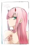  1girl 2020 aqua_eyes darling_in_the_franxx dated from_behind highres horns long_hair looking_at_viewer looking_back makeup mascara nakoya_(nane_cat) nude pink_hair signature sketch solo straight_hair twitter_username upper_body white_background zero_two_(darling_in_the_franxx) 