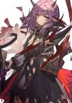  1girl arknights bag blush demon_girl demon_horns highres holding holding_weapon horns knife lava_(arknights) looking_back purgatory_(arknights) purple_hair skirt solo torn_clothes torn_skirt violet_eyes weapon yurooe 