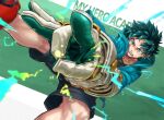  1boy 4o080_yotabnc action black_shorts boku_no_hero_academia clenched_teeth commentary_request copyright_name elbow_gloves flick freckles gloves green_background green_eyes green_gloves green_hair green_shirt highres hood hood_down hoodie male_focus midoriya_izuku red_footwear shirt shorts solo sparks spiky_hair teeth two-tone_background two-tone_gloves white_background white_gloves 