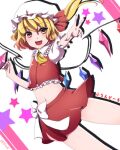  1girl :d adapted_costume ascot bangs blonde_hair bow crop_top crystal drop_shadow eyebrows_visible_through_hair fang feet_out_of_frame fingernails flandre_scarlet flat_chest frilled_shirt_collar frills hair_between_eyes hand_up hat hat_bow juuni_05 light_blush looking_at_viewer midriff mob_cap nail_polish navel one_side_up open_mouth red_bow red_eyes red_nails red_skirt sharp_fingernails short_hair simple_background skirt smile solo star_(symbol) starry_background touhou translation_request v white_background white_bow white_headwear wings yellow_neckwear 