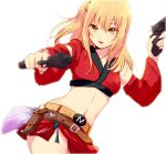  1girl bangs belt belt_buckle blonde_hair blurry blurry_foreground brown_belt brown_eyes buckle closed_mouth cowboy_shot crop_top detached_sleeves dual_wielding gintama gun hair_between_eyes handgun holding holding_gun holding_weapon kijima_matako long_hair long_sleeves microskirt midriff navel nuka red_lips red_skirt red_sleeves shiny shiny_hair side_ponytail skirt smile solo stomach weapon white_background 