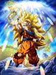  1boy arm_up belt blonde_hair blue_belt blue_eyes blue_footwear blue_shirt blue_wristband building chibi clenched_hands clouds cloudy_sky commentary debris derivative_work dougi dragon dragon_ball dragon_ball_z dragon_ball_z_dokkan_battle english_commentary glowing grin highres light light_particles long_hair looking_up male_focus muscular muscular_male no_eyebrows orange_pants orange_shirt raised_fist redrawn renaluna shenlong_(dragon_ball) shiny shirt signature sky smile solo son_goku spiky_hair standing super_saiyan super_saiyan_3 torn_clothes wristband 