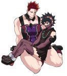  2boys alternate_costume beard black_hair boku_no_hero_academia dabi_(boku_no_hero_academia) facial_hair full_body koooogasya large_pectorals male_cleavage male_focus mature_male multiple_boys muscular muscular_male short_hair sideburns sidepec sitting sitting_on_lap sitting_on_person spiky_hair sweatdrop thick_thighs thigh-highs thighs todoroki_enji 