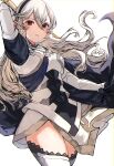  1girl arm_behind_head arm_up armor armored_dress breasts cape closed_mouth clothing_cutout corrin_(fire_emblem) corrin_(fire_emblem)_(female) cowboy_shot fire_emblem fire_emblem_fates gauntlets gloves grabbing hair_between_eyes hairband haru_(nakajou-28) highres holding holding_sword holding_weapon long_hair looking_at_viewer medium_breasts pointy_ears puffy_sleeves red_eyes sidelocks silver_hair simple_background solo sword thigh_cutout weapon white_background 