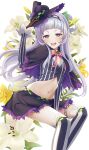 1girl :d bangs black_gloves blunt_bangs breasts flower gloves hairband hat hololive long_hair looking_at_viewer midriff murasaki_shion navel open_mouth purple_hair skirt smile solo striped striped_legwear teeth thigh-highs tobade_(tbdfactory) vertical-striped_legwear vertical_stripes virtual_youtuber witch_hat yellow_eyes 