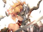  1girl armor bangs blonde_hair blood blood_from_mouth blood_on_face broken_armor collarbone detached_sleeves fate/grand_order fate_(series) floating_hair green_eyes grin hair_ornament hair_scrunchie helm helmet highres holding holding_sword holding_weapon horned_helmet looking_at_viewer mordred_(fate) mordred_(fate)_(all) nasaniliu ponytail portrait red_scrunchie scrunchie short_hair simple_background single_bare_shoulder smile solo sword weapon white_background 