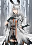 1girl animal_ear_fluff animal_ears arknights bare_tree belt black_gloves black_legwear capelet coat commentary cowboy_shot english_commentary forest frostnova_(arknights) gloves grey_coat grey_hair hair_ornament hair_over_one_eye hairclip hand_on_own_chest long_hair nature open_mouth rabbit_ears snow snowing solo thigh-highs tree turtleneck twrlare zettai_ryouiki