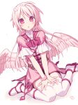  1girl :o bangs boots dress dutch_angle eyebrows_visible_through_hair feathered_wings flower hair_flower hair_ornament hijiri_(resetter) long_hair looking_at_viewer low_wings original parted_lips petals pink_dress pink_hair pink_wings red_eyes short_sleeves sitting solo thigh-highs very_long_hair wariza white_background white_flower white_footwear white_legwear wings 