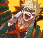  1boy 4o080_yotabnc bakugou_katsuki black_mask blonde_hair boku_no_hero_academia commentary_request gauntlets highres male_focus mask muscular muscular_male open_mouth red_eyes solo spiky_hair teeth yellow_background 