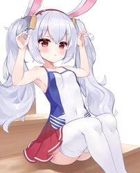  1girl 2drr :o animal_ears armpits arms_up azur_lane bangs bare_arms bare_shoulders blush breasts camisole collarbone commentary_request covered_navel eyebrows_visible_through_hair feet_out_of_frame hair_between_eyes hairband highres knees_up laffey_(azur_lane) long_hair looking_at_viewer parted_lips pleated_skirt rabbit_ears red_eyes red_hairband red_skirt sidelocks silver_hair simple_background sitting skirt small_breasts solo thigh-highs twintails very_long_hair white_background white_camisole white_legwear 