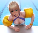  1girl ahoge artoria_pendragon_(all) bikini blonde_hair braid breasts collarbone commentary english_commentary eyebrows_visible_through_hair eyes_visible_through_hair fate/stay_night fate_(series) french_braid green_eyes infi inflatable_armbands medium_breasts parted_lips pool saber smile solo swimsuit upper_body wristband 