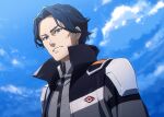  1boy absurdres black_jacket blue_eyes blue_hair clouds hair_behind_ear highres jacket looking_at_viewer looking_down macross macross_delta male_focus military military_uniform mosako parted_hair sky solo uniform upper_body wright_immelman 