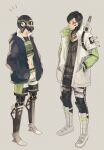  2boys apex_legends beige_background black_hair black_headwear black_jacket black_pants black_shirt cropped_vest crypto_(apex_legends) cyborg goggles green_shorts green_sleeves green_vest grey_jacket hands_in_pockets head_tilt jacket looking_at_another male_focus mask mechanical_legs midriff momonga_(mmng5) mouth_mask multiple_boys navel octane_(apex_legends) pants prosthesis prosthetic_leg science_fiction shirt shorts standing vest 