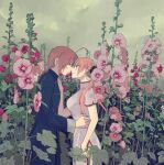 1boy 1girl ahoge blush brother_and_sister bun_cover china_dress chinese_clothes closed_mouth clouds cloudy_sky couple cowboy_shot dress field flower flower_field from_side gintama grey_dress hand_on_another&#039;s_hip hand_on_another&#039;s_shoulder hetero highres imminent_kiss incest kagura_(gintama) kamui_(gintama) long_hair nuka orange_hair pink_flower rain redhead shiny shiny_hair short_sleeves siblings side_slit sky twintails 