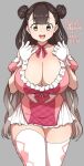  1girl 2021 agawa_ryou black_hair breasts brown_eyes brown_hair curvy dated double_bun gloves gradient_hair grey_background huge_breasts long_hair looking_at_viewer multicolored_hair open_mouth original simple_background smile solo thick_thighs thighs very_long_hair white_gloves wide_hips 