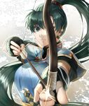  1girl abstract_background aiming_at_viewer arrow_(projectile) blue_dress bow_(weapon) breasts delsaber dress earrings fingerless_gloves fire_emblem fire_emblem:_the_blazing_blade frown furrowed_eyebrows gloves green_eyes green_hair jewelry katana long_hair looking_at_viewer lyn_(fire_emblem) ponytail shine sword weapon 