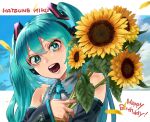  1girl 4o080_yotabnc aqua_eyes aqua_hair bare_shoulders birthday blue_nails character_name commentary_request detached_sleeves eyebrows_behind_hair fingernails flower hair_ornament hatsune_miku headphones highres holding holding_flower long_hair necktie open_mouth sleeveless solo sunflower twintails vocaloid yellow_flower 