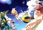  3girls 5boys :d ^_^ aqua_hair arm_up bangs beach beach_volleyball bikini bikini_skirt black_bikini black_hair blonde_hair blue_background blue_sky brown_hair closed_eyes clouds cynthia_(pokemon) hikari_(pokemon) elite_four ethan_(pokemon) front-tie_bikini front-tie_top hair_ornament hair_over_one_eye jumping lance_(pokemon) lens_flare long_hair lucas_(pokemon) lyra_(pokemon) male_swimwear multiple_boys multiple_girls navel open_mouth palm_tree pink_bikini pleated_skirt pokemon pokemon_(game) pokemon_dppt pokemon_hgss polka_dot polka_dot_bikini red_bikini short_hair signature silver_hair skirt sky smile spiky_hair steven_stone swept_bangs swimsuit swimwear tree twintails very_long_hair volleyball_net wallace_(pokemon) y_(036_yng) 