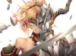  1girl armor bangs bare_shoulders blonde_hair blood blood_from_mouth blurry blurry_foreground braid breasts broken_armor clarent_(fate) fate/apocrypha fate/grand_order fate_(series) french_braid green_eyes grin hair_ornament hair_scrunchie highres light_trail long_hair looking_at_viewer mordred_(fate) mordred_(fate)_(all) nasaniliu nosebleed one_eye_covered open_mouth ponytail red_scrunchie scrunchie simple_background smile solo teeth white_background 