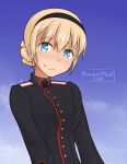  1girl 2020 artist_name black_hair blonde_hair blue_sky bookmarkahead braid clouds dated french_braid hair_between_eyes hairband highres looking_at_viewer military military_uniform noble_witches rosalie_de_hemricourt_de_grunne short_hair sky smile uniform upper_body world_witches_series 