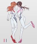  2girls ass beige_background bodysuit breasts brown_hair color_guide commentary_request evangelion:_3.0+1.0_thrice_upon_a_time from_behind full_body glasses highres hug interface_headset itou_(very_ito) kneepits long_hair low_twintails makinami_mari_illustrious medium_breasts multiple_girls neon_genesis_evangelion orange_hair plugsuit rebuild_of_evangelion red-framed_eyewear shikinami_asuka_langley sideways_mouth souryuu_asuka_langley twintails white_bodysuit 