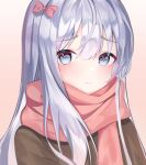  1girl absurdres bangs blue_eyes blush bow closed_mouth eromanga_sensei eyebrows_visible_through_hair gradient gradient_background hair_between_eyes hair_bow highres izumi_sagiri long_hair pink_background pink_bow pink_scarf ram_art12 scarf shiny shiny_hair silver_hair solo upper_body 