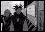 2boys black_hair black_jacket choso_(jujutsu_kaisen) collared_jacket fence greyscale highres hood hoodie itadori_yuuji jacket jujutsu_kaisen long_hair looking_down looking_to_the_side male_focus messy_hair monochrome multiple_boys n9c4z robe scar scar_on_cheek scar_on_face short_hair tattoo twintails upper_body walking 