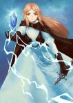  1girl angry artist_name black_cape blue_sky bravely_default_(series) bravely_default_2 breasts brown_eyes brown_hair cape crystal expressionless female_focus gloria_(bravely_default_2) gloria_neu_musa gloves holding holding_sword holding_weapon lightning long_hair nintendo rifaen solo square_enix sword weapon white_dress 