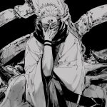  1boy arm_up black_nails crossed_legs flip-flops greyscale hand_on_own_face hidden_mouth horns japanese_clothes jujutsu_kaisen kagami_ei kimono looking_at_viewer male_focus monochrome robe ryoumen_sukuna_(jujutsu_kaisen) sandals sitting skeleton skull spiky_hair tattoo 