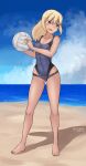  1girl 2020 abs absurdres artist_name ass_visible_through_thighs beach_volleyball black_eyes blonde_hair blue_sky bookmarkahead clouds covered_navel dated groin_tendon highres horizon marian_e_carl navel ocean one-piece_swimsuit sand shadow sky solo swimsuit world_witches_series 