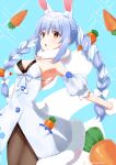  1girl :o absurdres animal_ear_fluff animal_ears armpits bangs bare_shoulders black_legwear black_leotard blue_background blue_hair braid breasts bunny-shaped_pupils bunny_tail carrot_hair_ornament clothing_cutout coat detached_sleeves don-chan_(usada_pekora) eyebrows_visible_through_hair food_themed_hair_ornament fur-trimmed_coat fur-trimmed_gloves fur_scarf fur_trim gloves hair_between_eyes hair_ornament highres hikimayu hololive hopping leotard leotard_under_clothes long_hair looking_at_viewer medium_breasts multicolored_hair open_mouth orange_eyes outstretched_arms pantyhose playboy_bunny puffy_short_sleeves puffy_sleeves rabbit_ears rabbit_girl scarf short_eyebrows short_sleeves solo strapless strapless_coat strapless_leotard tail thick_eyebrows twin_braids twintails twitter_username two-tone_hair umitorin underboob_cutout usada_pekora virtual_youtuber white_coat white_hair white_scarf white_sleeves 