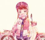  1girl arm_at_side bangs bicycle brown_hair bubble_blowing chewing_gum collarbone d.va_(overwatch) earrings eyelashes ground_vehicle hand_in_pocket jacket jewelry long_hair long_sleeves looking_at_viewer open_clothes open_jacket overwatch purple_shirt rrrpct shirt solo symbol_commentary traditional_media watercolor_(medium) 