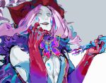  1boy aves_plumbum9 blood blood_on_chest bloody_hair bloody_hands bloody_weapon blue_blood blue_eyes blue_lips bug butterfly butterfly_ornament cape center_opening colored_skin crazy crazy_eyes curly_hair demon_boy fangs fate/grand_order fate_(series) fur-trimmed_cape fur_collar fur_trim hat headpiece horns insect makeup male_focus medium_hair mephistopheles_(fate) multicolored multicolored_eyes open_mouth pectorals purple_hair scissors shaded_face signature simple_background solo teardrop teeth thick_eyebrows toned toned_male unzipped violet_eyes weapon white_background white_skin 